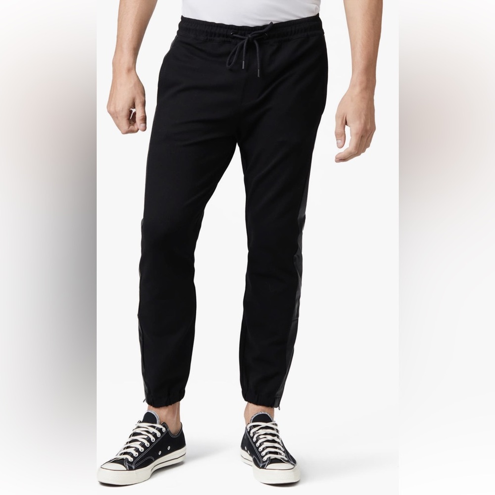 PAIGE Black Joggers leather strip down the sides Sweatpants Modern Fit